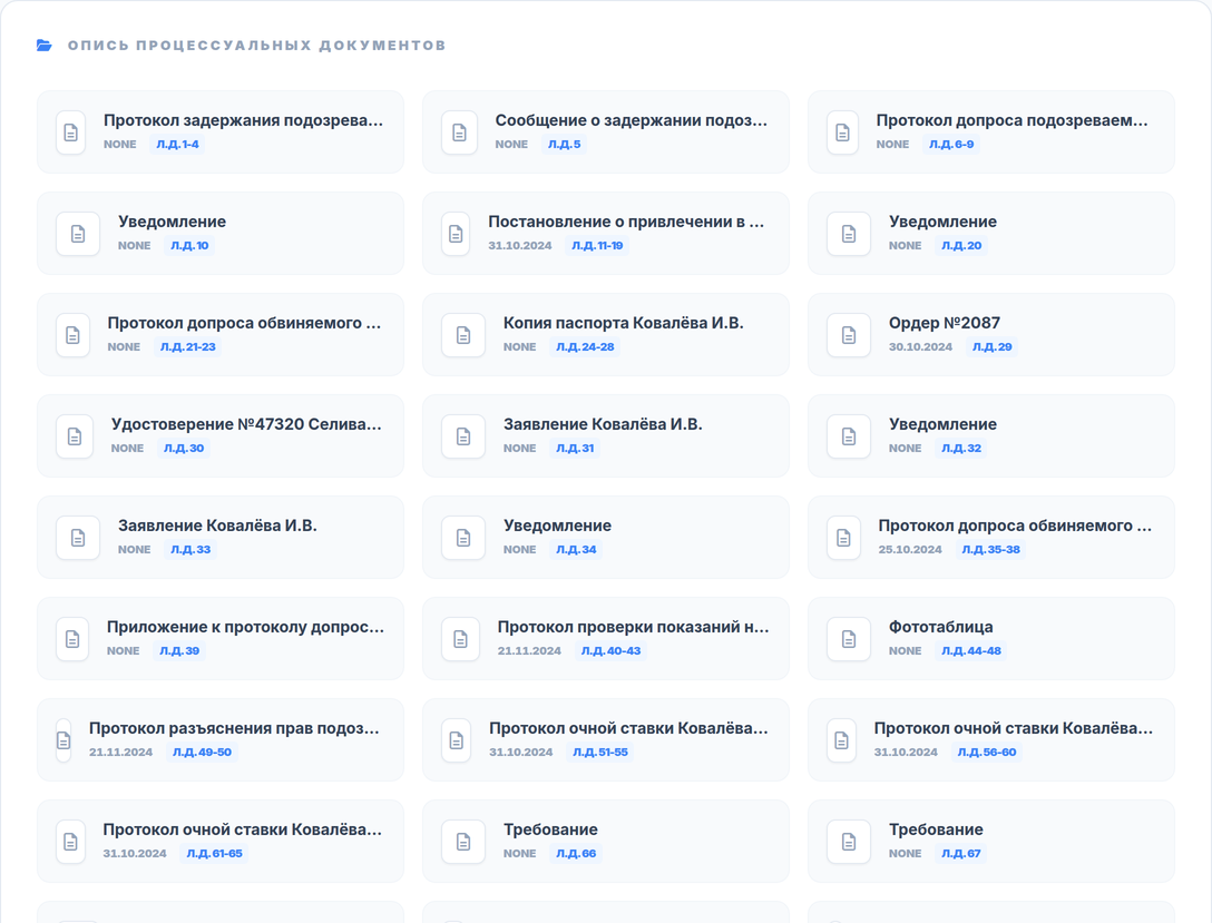 Опись процессуальных документов с привязкой к листам уголовного дела